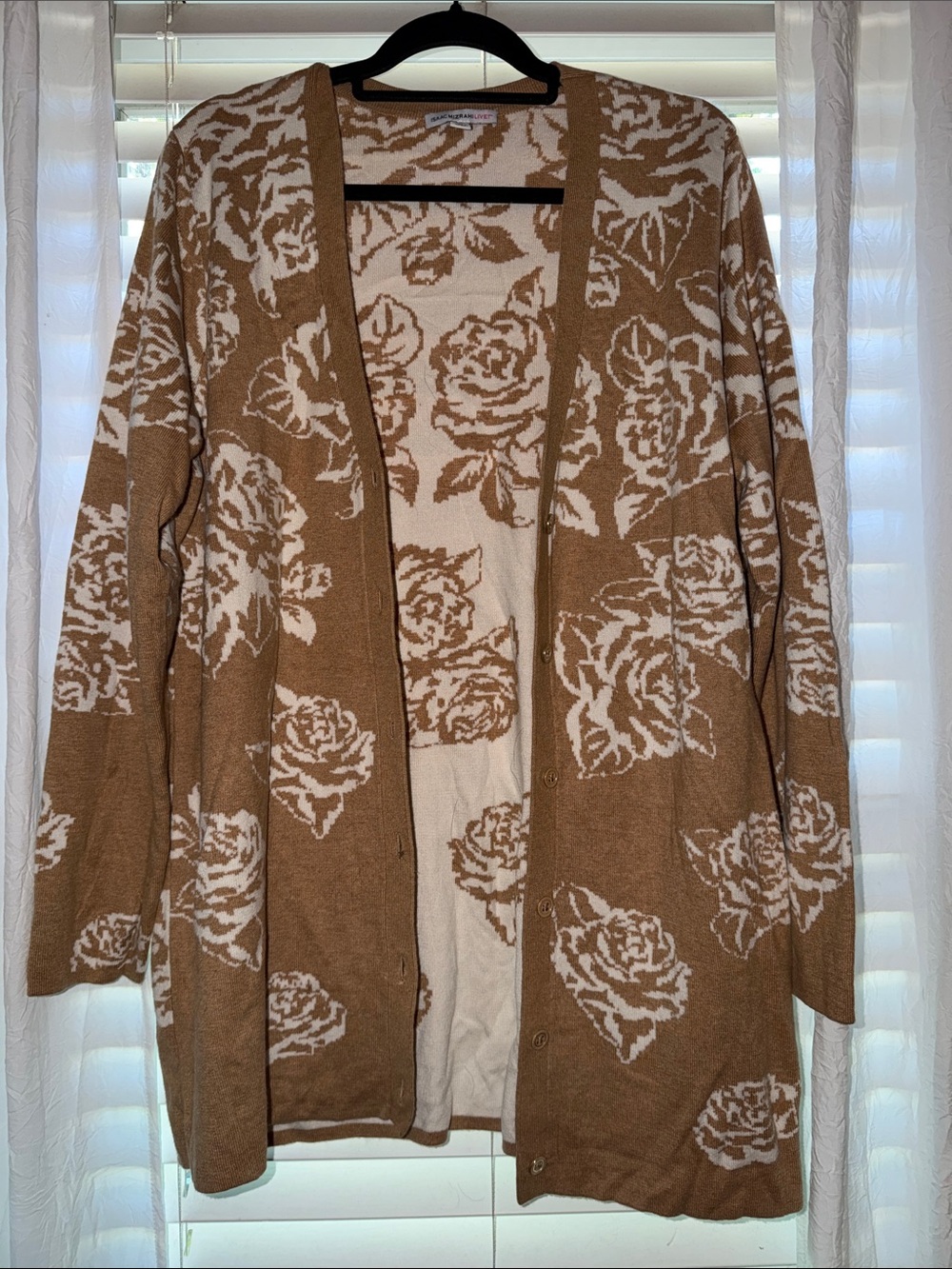 Isaac Mizrahi Camel and Cream Floral Jacquard Open Cardigan